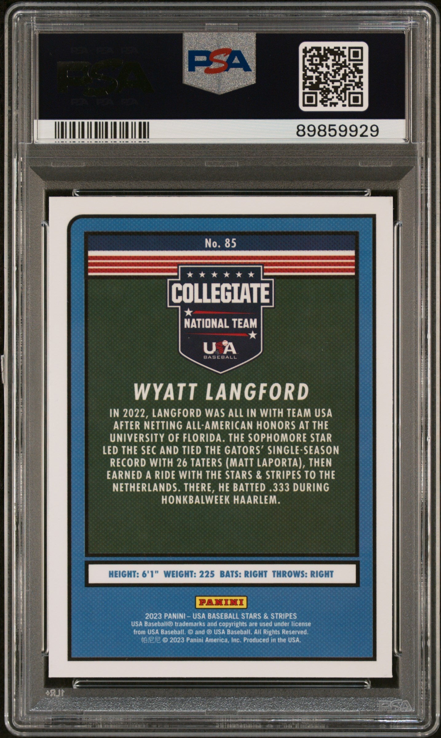 Graded 2023 Panini Stars & Stripes USA Wyatt Langford #85 Rookie RC Baseball Card PSA 9 Gem Mint