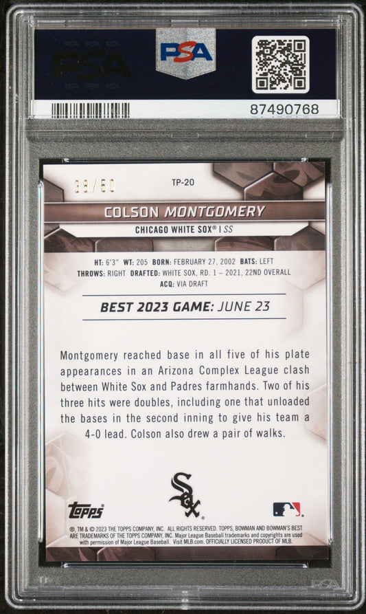 Graded 2023 Topps Bowmans Best Colson Montgomery #TP20 Top Prospects Gold #/50 Rookie RC Baseball Card PSA 10 Gem Mint