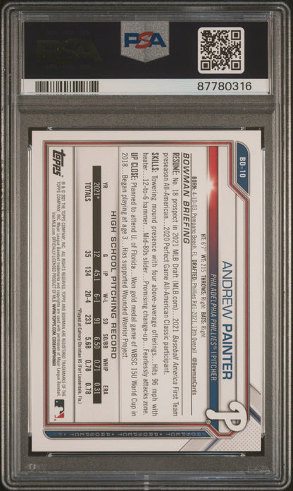 Graded 2021 Topps Bowman Draft Andrew Painter #BD10 Rookie RC Baseball Card PSA 10 Gem Mint