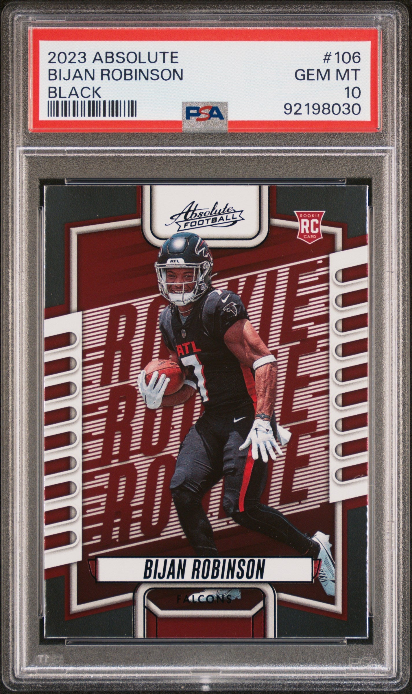Graded 2023 Panini Absolute Bijan Robinson #106 Black Rookie RC Football Card PSA 10 Gem Mint