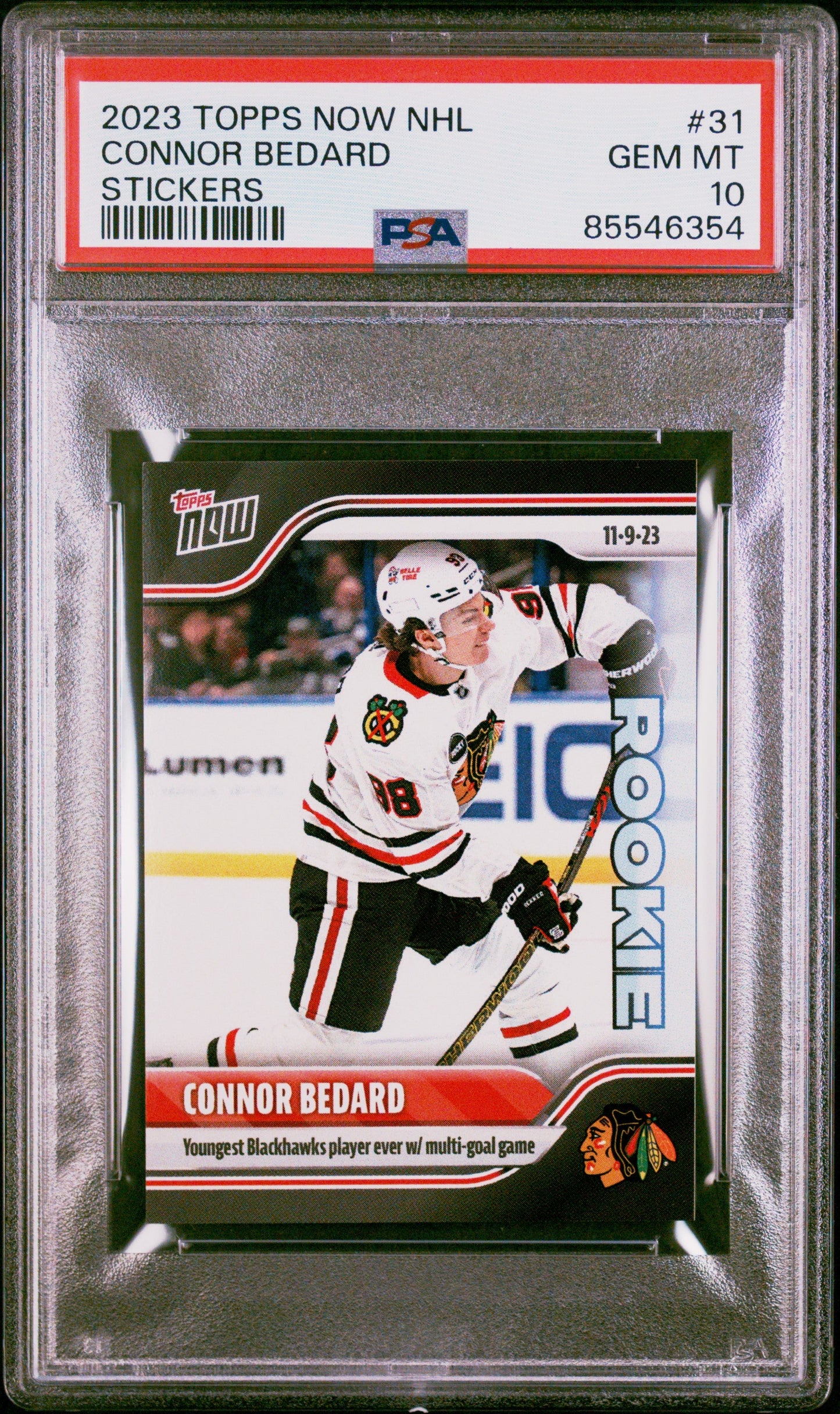 Graded 2023 Topps Now NHL Connor Bedard #31 Stickers Rookie RC Hockey Card PSA 10 Gem Mint