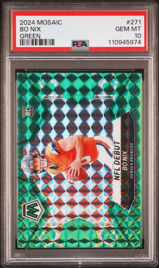 Graded 2024 Panini Mosaic Bo Nix #271 Green Rookie RC Football Card PSA 10 Gem Mint