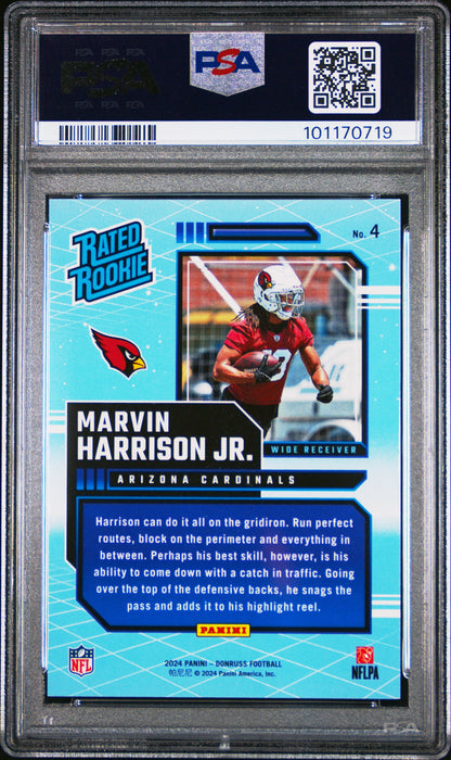 Graded 2024 Panini Donruss Marvin Harrison Jr #4 Rated Rookies Retro Rookie RC Football Card PSA 10 Gem Mint
