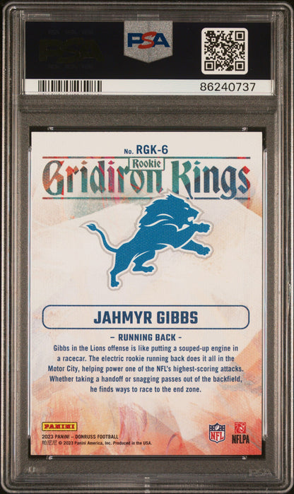 Graded 2023 Panini Donruss Jahmyr Gibbs #RGK6 Rookie Gridiron Kings Rookie RC Football Card PSA 10 Gem Mint