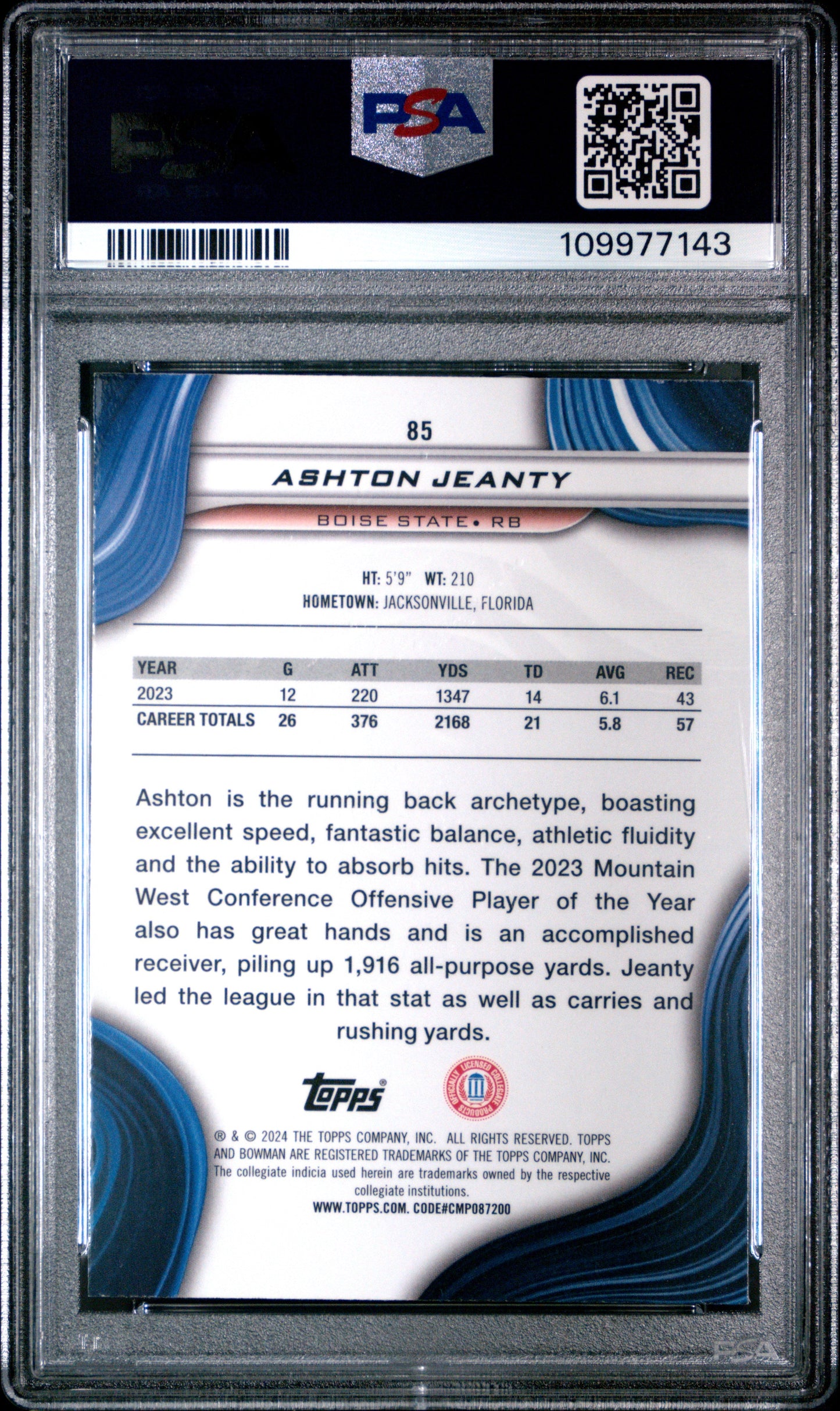 Graded 2024 Topps Bowmans Best University Ashton Jeanty #85 Rookie RC Football Card PSA 10 Gem Mint