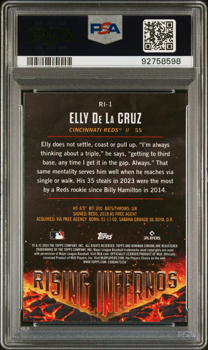 Graded 2024 Topps Bowman Elly De La Cruz #RI1 RIsing Infernos Rookie RC Baseball Card PSA 10 Gem Mint