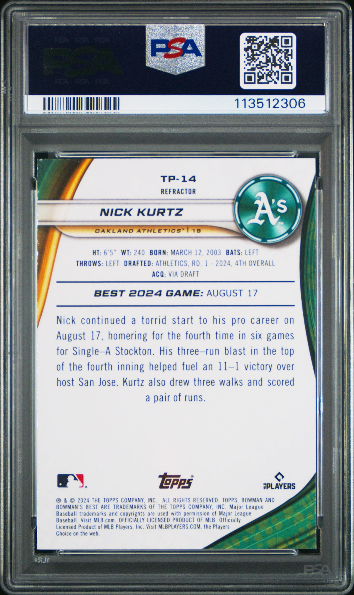 Graded 2024 Topps Bowmans Best Nick Kurtz #TP14 Top Prospects Refractor Rookie RC Baseball Card PSA 10 Gem Mint