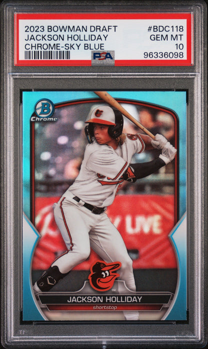 Graded 2023 Topps Bowman Draft Jackson Holliday #BDC118 Chrome Sky Blue Rookie RC Baseball Card PSA 10 Gem Mint