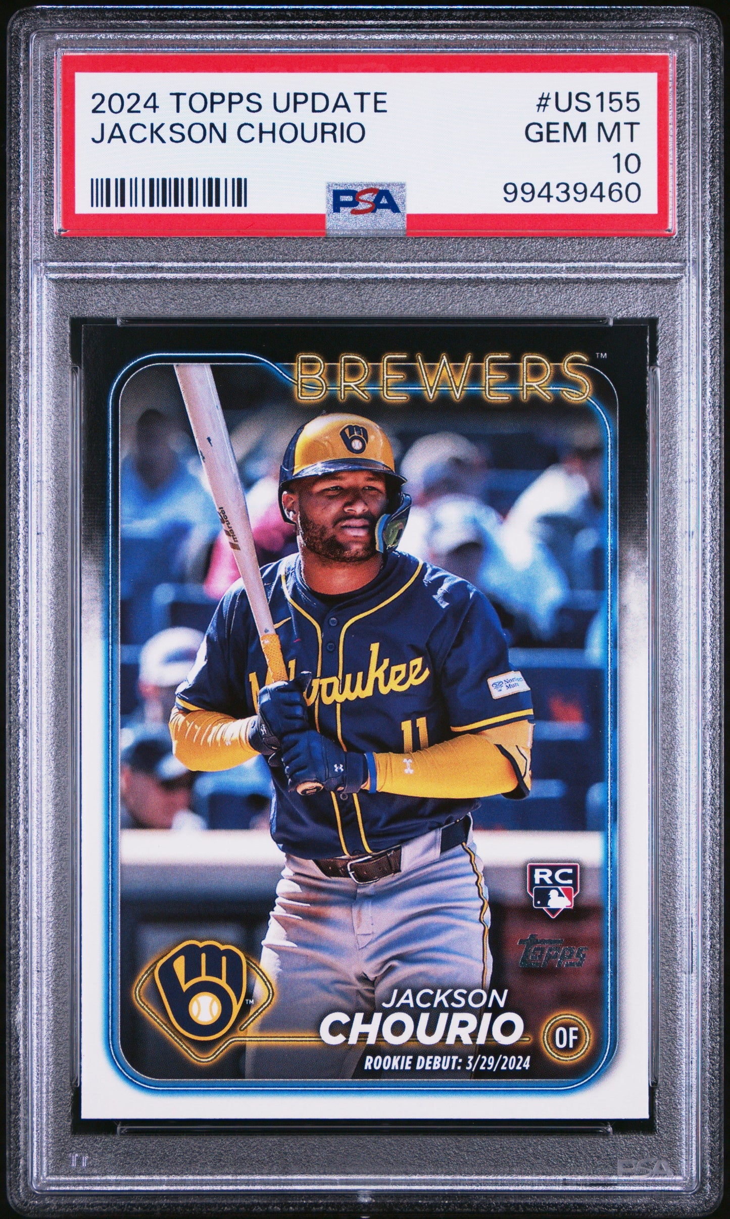 Graded 2024 Topps Update Jackson Chourio #US155 Rookie RC Baseball Card PSA 10 Gem Mint