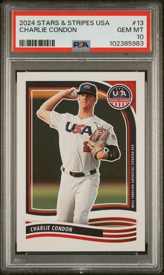 Graded 2024 Panini Stars & Stripes USA Charlie Condon #13 Rookie RC Baseball Card PSA 10 Gem Mint