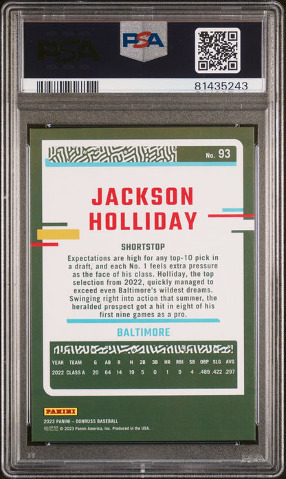 Graded 2023 Panini Donruss Jackson Holliday #93 Career Stat Line Rookie RC Baseball Card PSA 10 Gem Mint