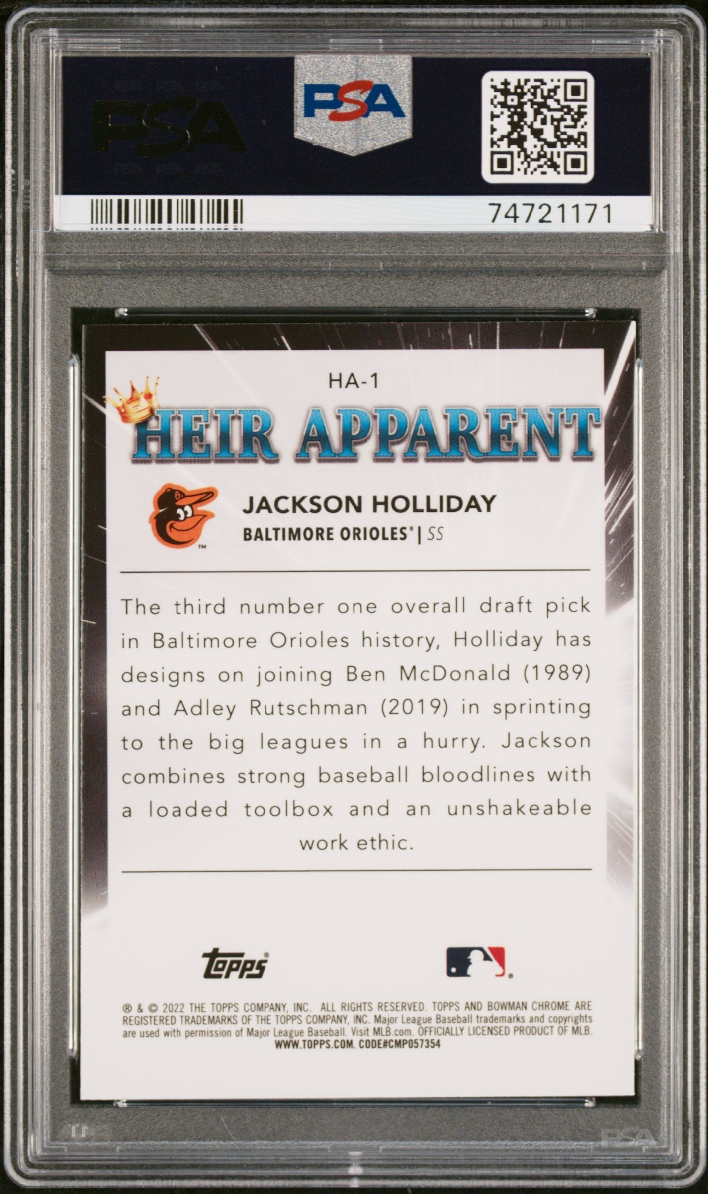 Graded 2022 Topps Bowman Draft Jackson Holliday #HA1 Heir Apparent Rookie RC Baseball Card PSA 10 Gem Mint