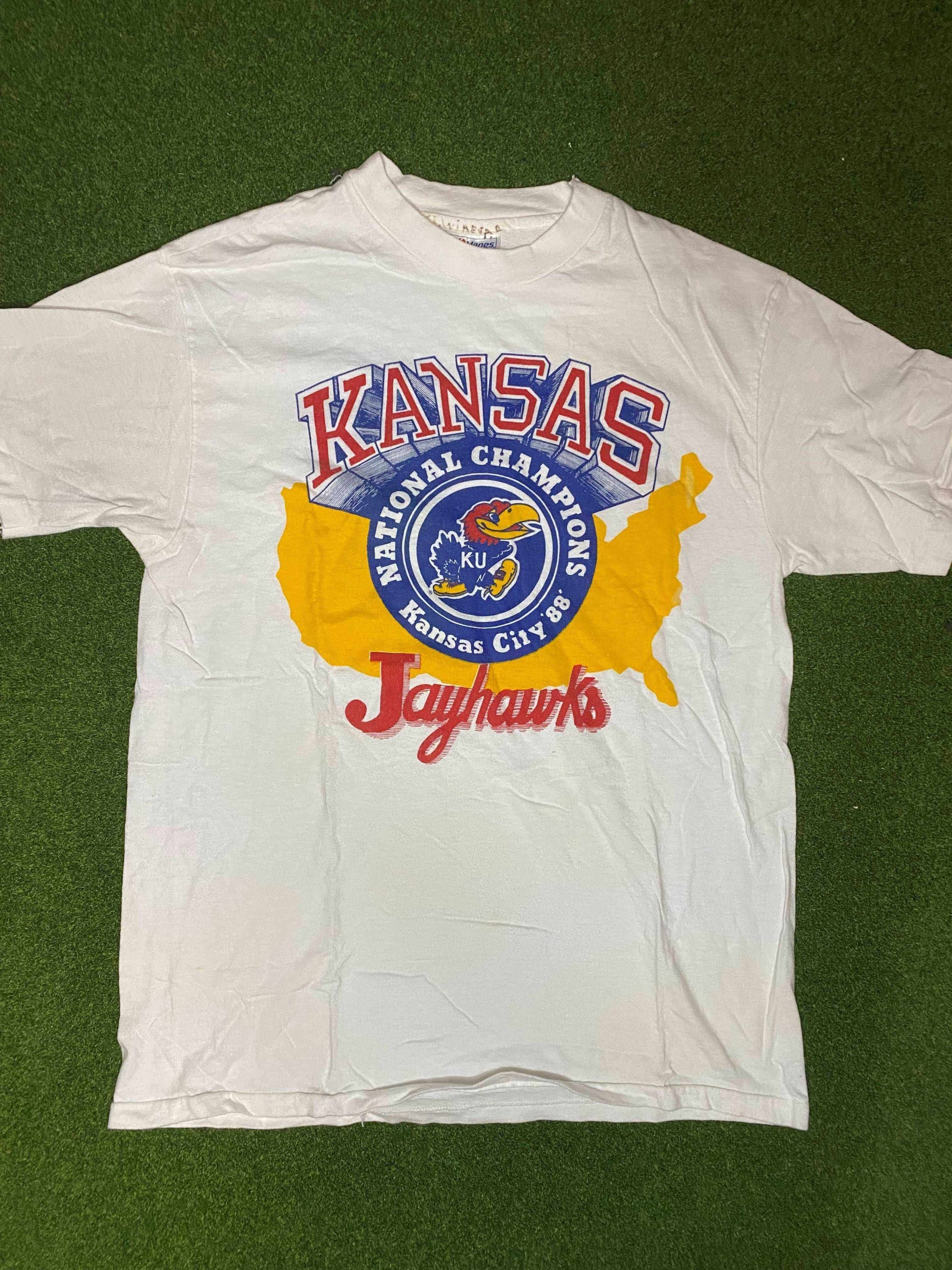 1988 Kansas Jayhawks - National Champions - Vintage College Basketball Tee Shirt (Large) - Gametime Vintage