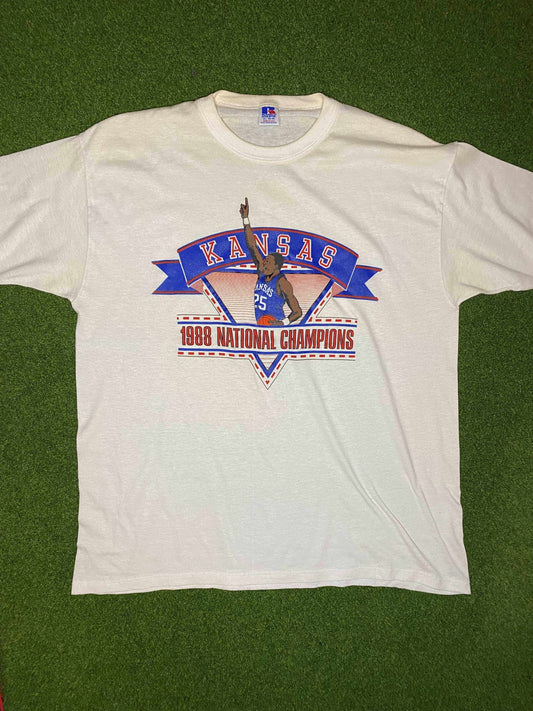 1988 Kansas Jayhawks - National Champions - Vintage College Basketball Tee Shirt (XL) - Gametime Vintage